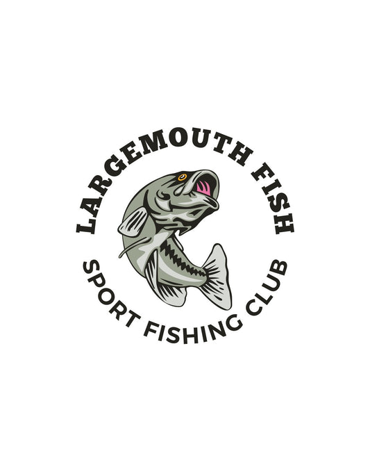 Egy dinamikus nagyméretű szájú hal grafikájával díszeleg a kép, melyet a "Largemouth Fish Sport Fishing Club" felirat ölel körbe, sugárzóan közvetítve a sport horgászat szeretetét és szenvedélyét. 