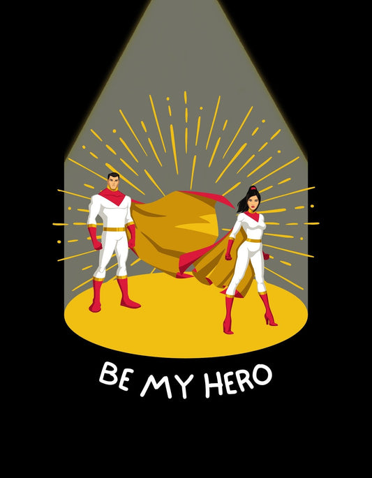 Egy férfi és egy női szuperhős áll egymás mellett dinamikus pózban, egy kiemelkedő robbanás-szerű háttér előtt, alattuk a "BE MY HERO" felirat látható. 