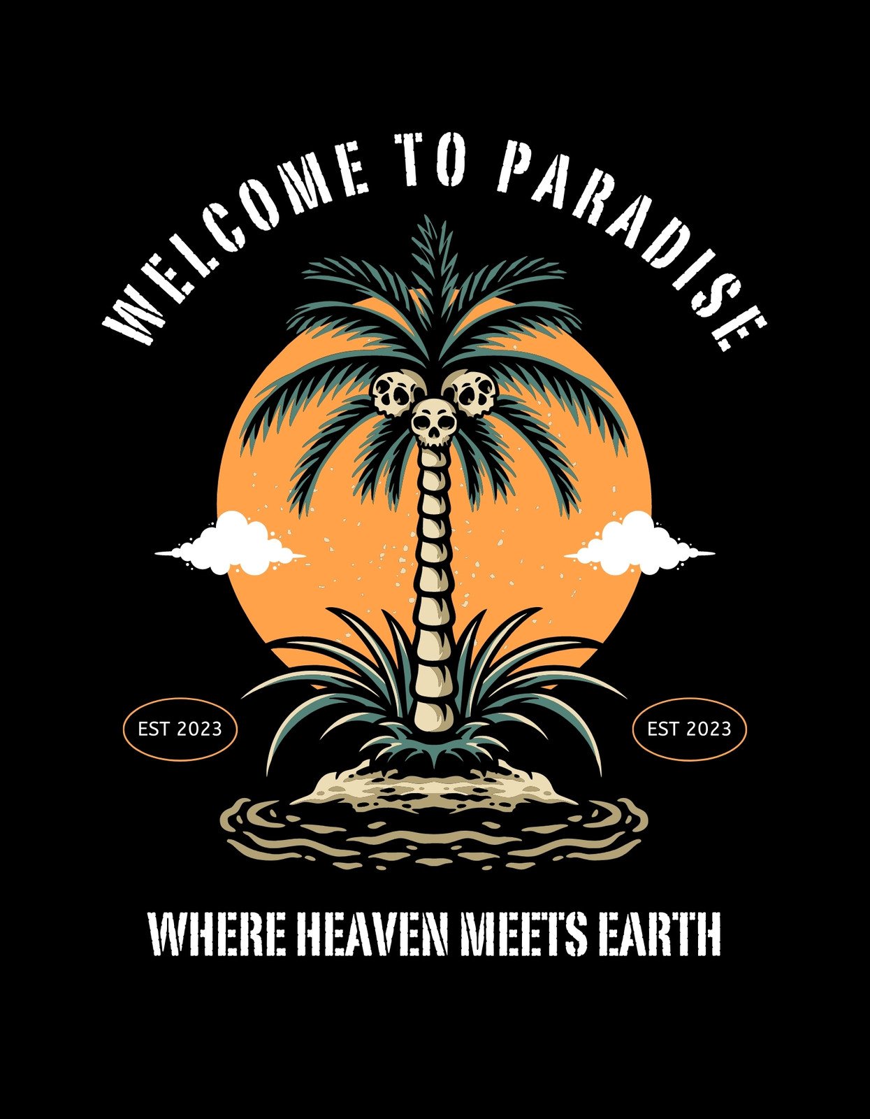 Egy trópusi paradicsomot ábrázoló grafika, két pálmafán ülő koponyákkal, az alatta lévő szigeten és a "Welcome to Paradise - Where Heaven Meets Earth" felirattal. 