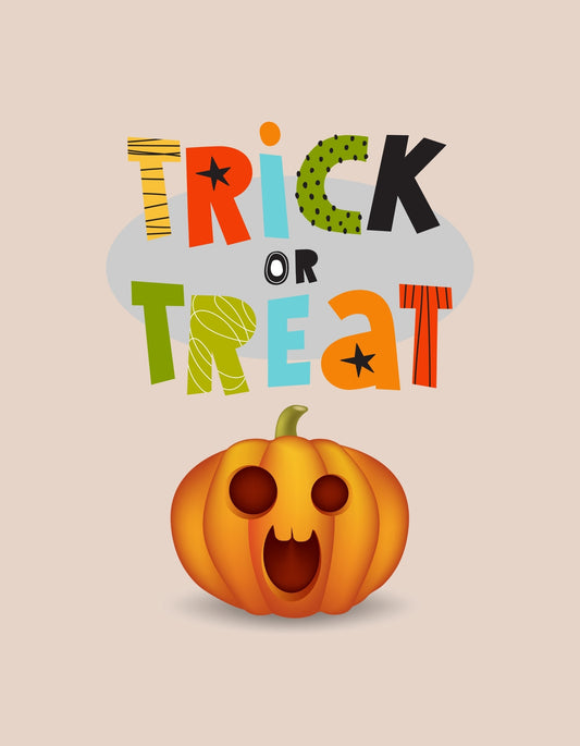 Egy vidám töklámpás alatt, "Trick or Treat" (Csokit vagy csalunk) felirattal, színes betűkkel, ami tökéletesen megidézi a Halloween hangulatát. 