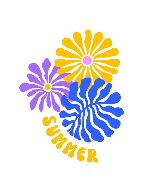 Vidám nyári virágok és a "SUMMER" felirat díszítik ezt a képet, színpompás lila, sárga és kék árnyalatokban. 