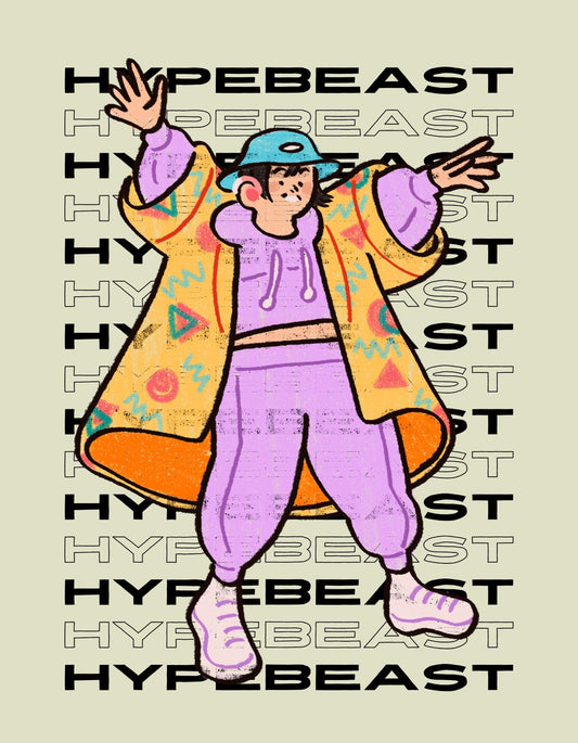 Egy trendi karakter látható a képen, hatalmas sárga kabátban, lila melegítővel és sapkával, aki magabiztosan pózol a "HYPEBEAST" szó ismétlődő háttér előtt. 
