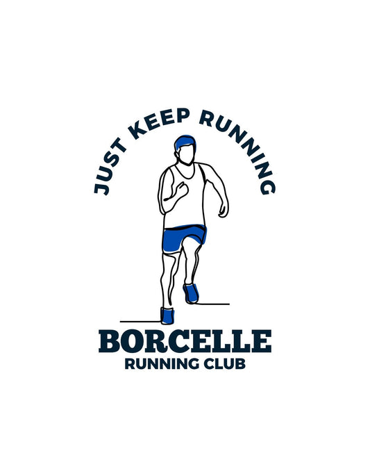 Egy futót ábrázoló kép, aki teljes lendületben van, fehér alapon. A design lendületes és inspiráló, a "Just Keep Running - BORCELLE Running Club" szöveggel. 