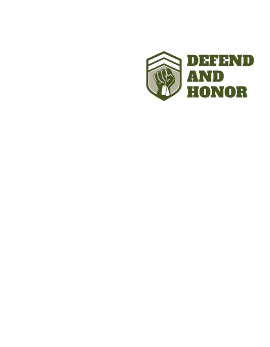 Egy letisztult dizájnnal ellátott kép, egy pajzs alakú emblémát ábrázol, amelyben egy kéz és három csík található, körülötte a "DEFEND AND HONOR" felirattal. 