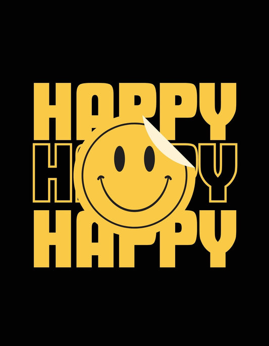 Egy mosolygós, vidám hangulatú arckifejezés tölti meg ezt a sárga és fekete színkombinációjú tervezést, a "HAPPY" szó ismétlődik, dinamizmust és pozitív energiát sugárzó elrendezésben. 