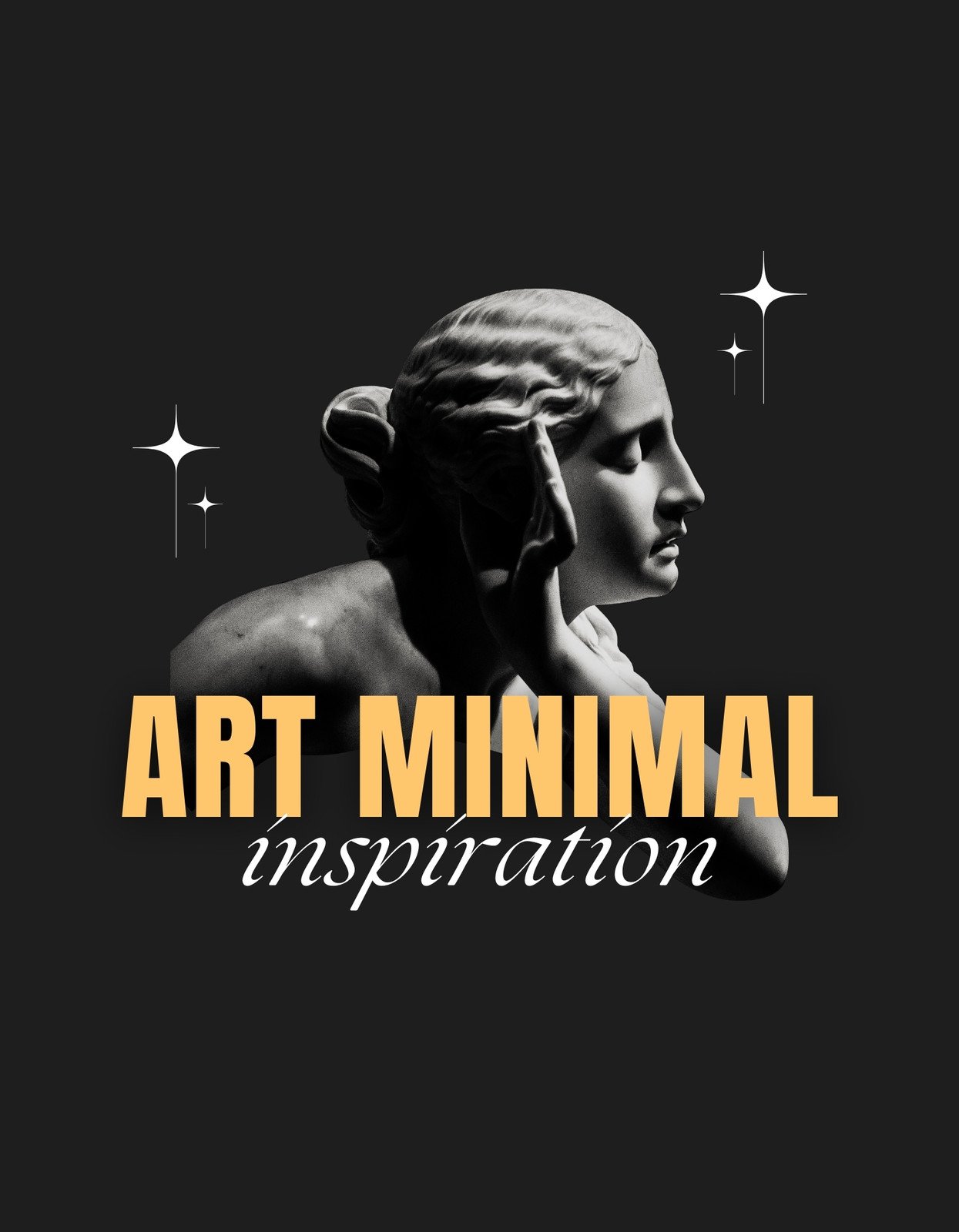 Egy klasszikus szobor fekete hátterrel, körülötte csillagokkal, az "ART MINIMAL inspiration" szöveggel kombinálva. A dizájn letisztult és modern érzést kölcsönöz. 