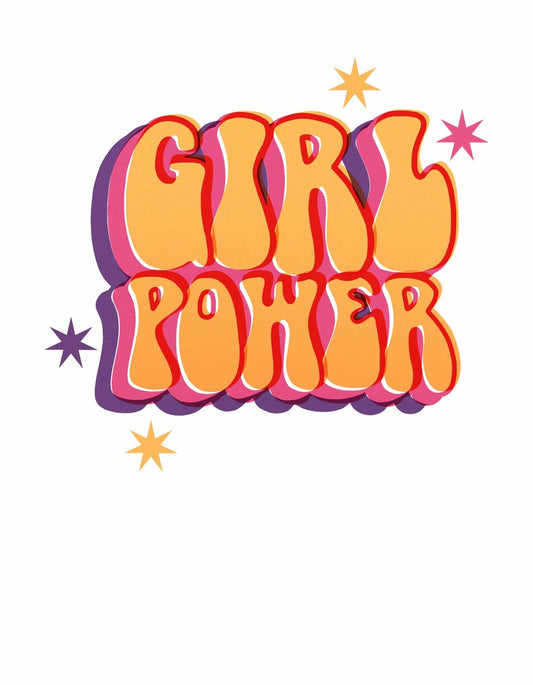 Egy energikus és lendületes dizájn, amely a "GIRL POWER" feliratot jeleníti meg dinamikus, buborékos betűtípussal, kiegészítve csillagokkal, amelyek kiemelik az üzenet erejét. 
