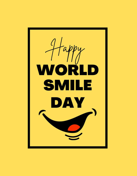 Egy mosolygós arcot ábrázoló dizájn, fekete és piros részletekkel a sárga háttér előtt. Az üzenet, hogy "Happy WORLD SMILE DAY" vidám hangulatot áraszt. 