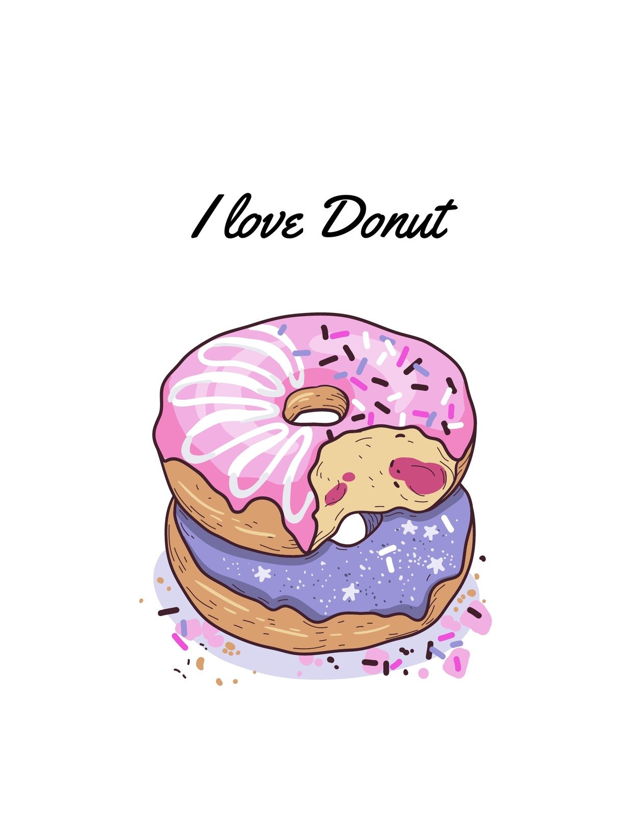 Egy ínycsiklandó rózsaszín és lila színű fánkot ábrázoló design, melyen "I love Donut" felirat látható, kifejezve az édesség iránti szeretetünket. 