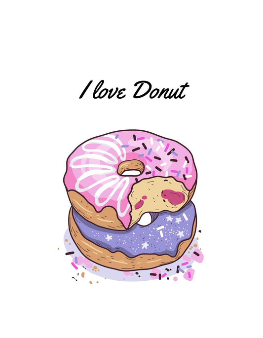 Egy ínycsiklandó rózsaszín és lila színű fánkot ábrázoló design, melyen "I love Donut" felirat látható, kifejezve az édesség iránti szeretetünket. 
