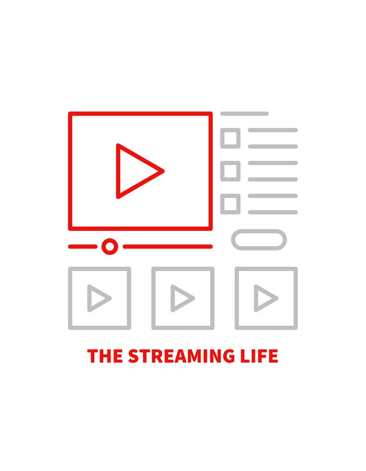 A kép egy stilizált videó streaming felületet ábrázol, ahol a lejátszás gombja kiemelkedik, körülötte kisebb videó ikonokkal és egy szöveges elemmel, hogy "THE STREAMING LIFE". 