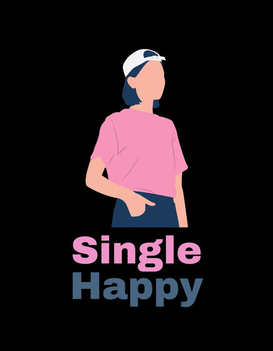 Egy stilizált figura látható oldalról nézve, fehér sapkában és rózsaszín felsőben, alul a felirat: "Single Happy". 