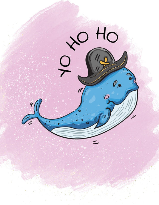 Egy mosolygó, kalózos kalappal díszített bálna úszik a rózsaszín hátterű képen, körülötte a "yo ho ho" szöveg olvasható. 