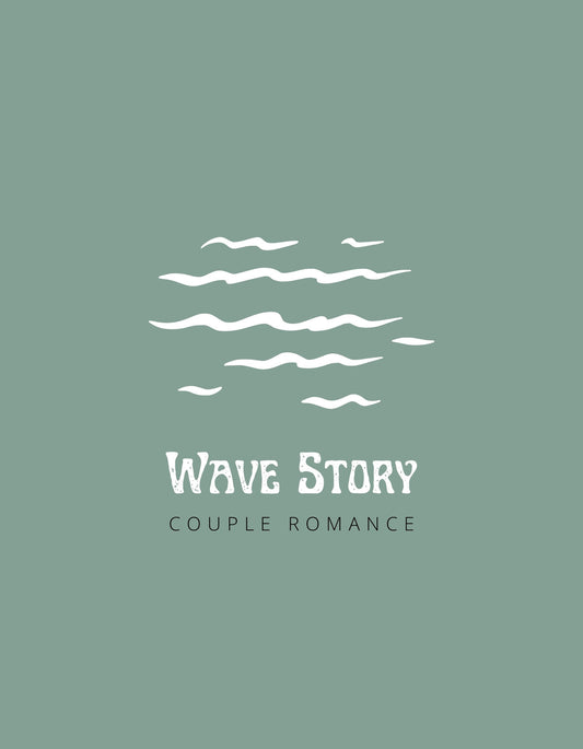 Egyszerű hullámokat ábrázol a kép, zöld háttéren, a "Wave Story" szöveggel és "Couple Romance" alcímmel, ami a párkapcsolatok gyengédségét és összetartozását sugallja. 