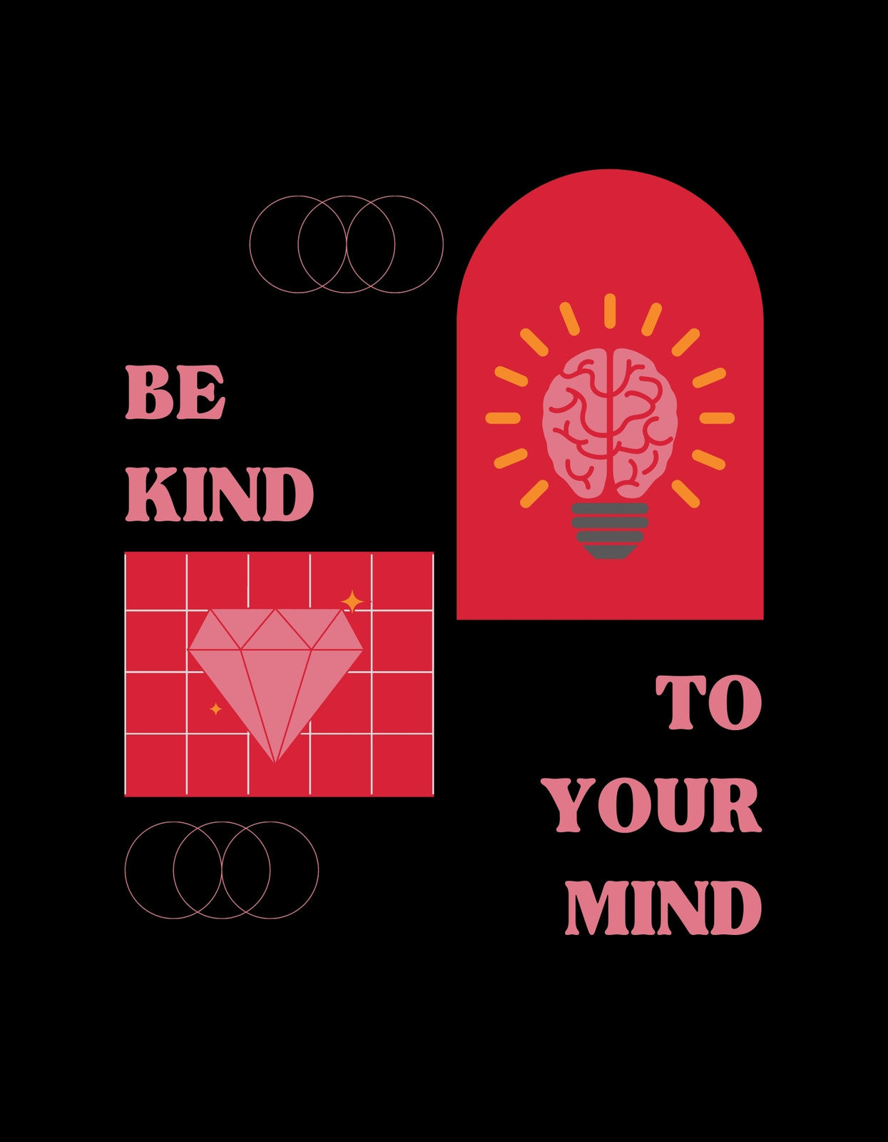 Egy inspiráló üzenettel ellátott grafika, mely egy izzó agyat ábrázol egy lámpabúra formájában, körülötte a "BE KIND TO YOUR MIND" szöveg látható. A tervezés minőségi és figyelemfelhívó. 