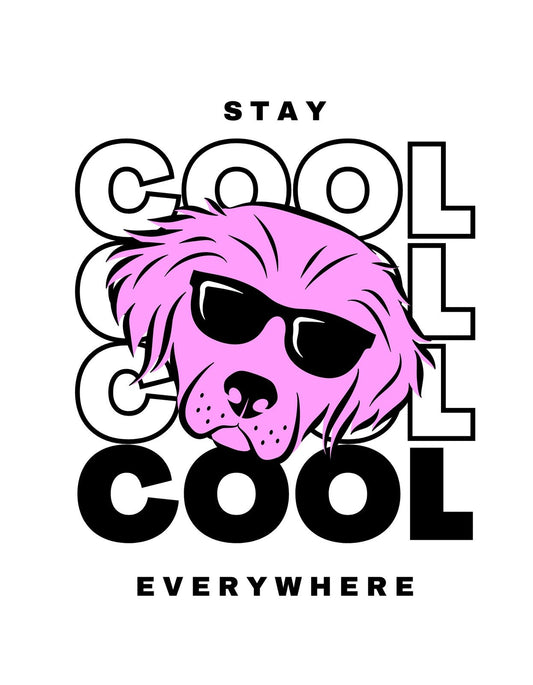 Rózsaszín szemüveges kutya a "STAY COOL COOL EVERYWHERE" szöveggel. 
