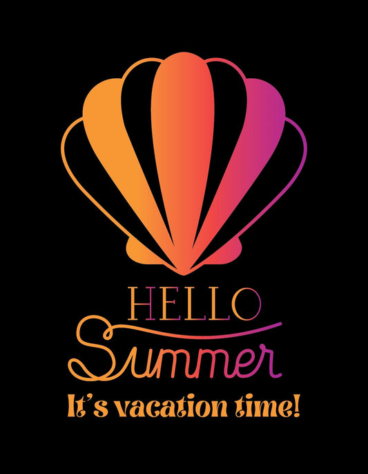 Egy színes, dinamikus nyári témájú kép, amelyen egy kagyló formájú, narancs és rózsaszín árnyalatban pompázó naplementét jelenít meg, "HELLO Summer It's vacation time!" felirattal. 