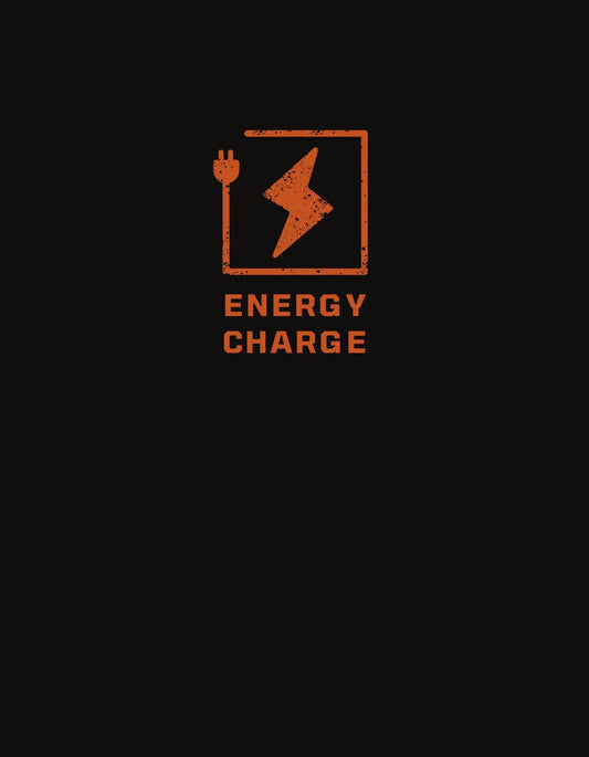 Egy feltöltött villám ábrázolása, körülvéve egy négyzettel és egy villásdugó ikonnal, alatta az "ENERGY CHARGE" felirattal. 