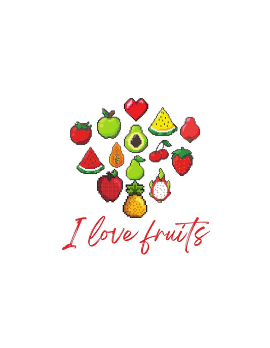 Egy szívmintába rendezett, különféle gyümölcsöket ábrázoló kép, alatta "I love fruits" felirattal. A design kifejezi a nyári, frissítő hangulatot és a gyümölcsök iránti szeretetet. 