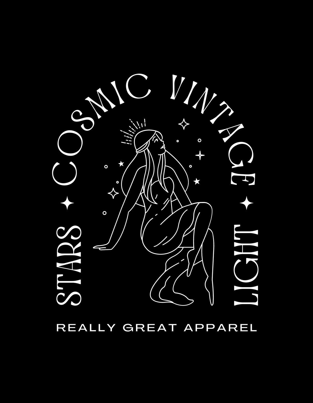 Egy stilizált női alak, csillagok és a "Cosmic Vintage" szöveggel körülvéve teremt egy nosztalgikus, világűres hangulatot. 