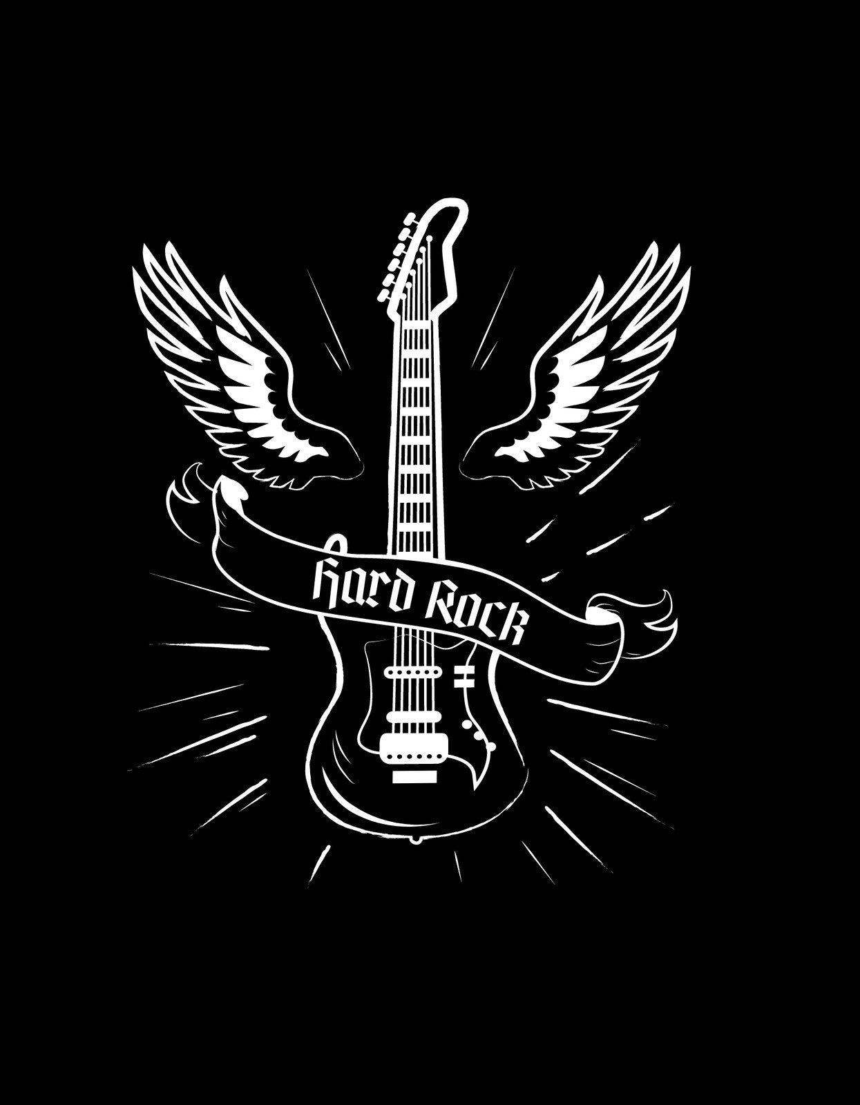 Egy elektromos gitár ábrája szárnyakkal, mögötte sugárokkal, a "Hard Rock" szöveggel egy összefonódó szalagon. 
