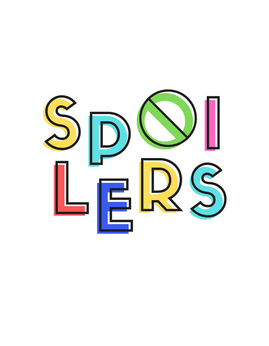 A képen egy modern, vibráló színű "SPOILERS" felirat látható, kifejezve ezzel a filmrajongók ismerős élményét. A betűk színes kontúrjai vidámságot és lazaságot sugároznak. 
