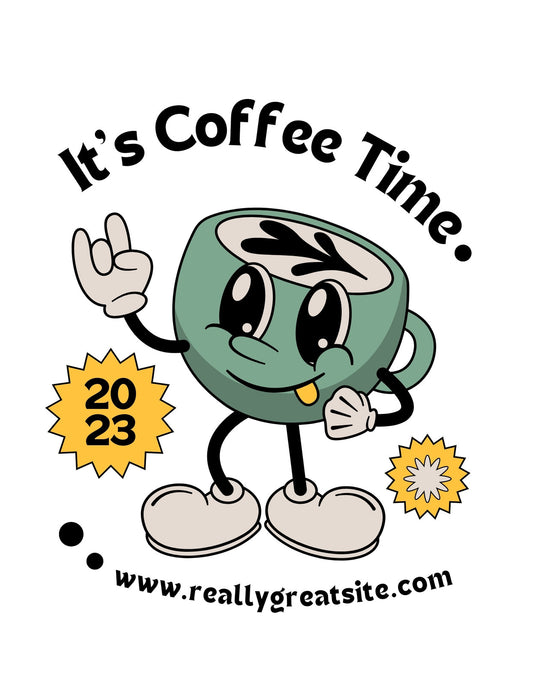 Egy vidám kávéscsésze karakter mosolyog vissza ránk ebben a lendületes dizájnban, melyet egy "It's Coffee Time" felirat és a 2023-as év jelzése tesz teljessé.