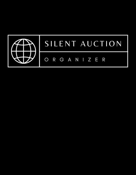 Az image egy elegáns, minimalista logóval rendelkezik, mely egy világatlasz ikont, és a "SILENT AUCTION ORGANIZER" feliratot mutatja fekete háttérrel. 