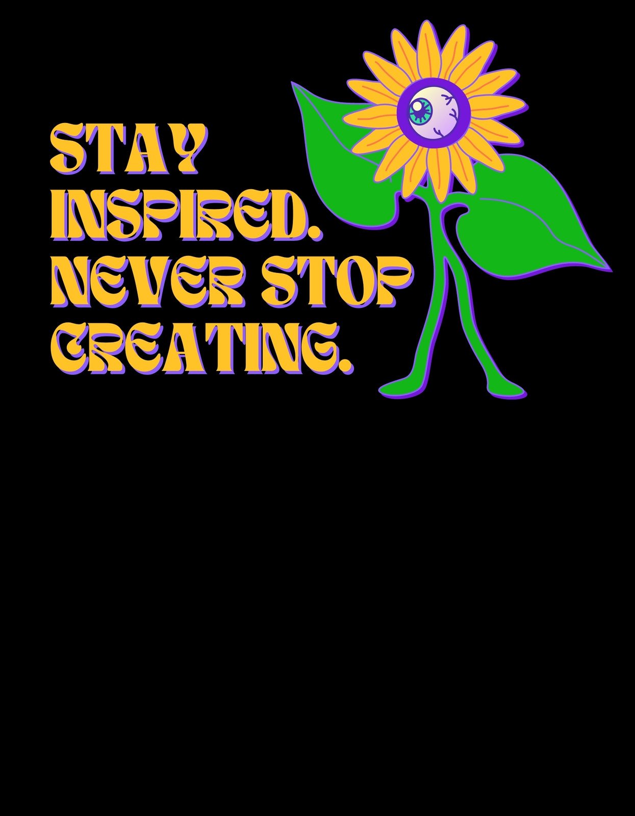 Egy élénk színű, inspiráló napraforgó figura, melynek közepén egy kreatív szem található, és a "STAY INSPIRED. NEVER STOP CREATING." felirat járja körbe. 