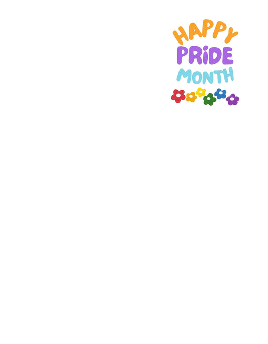 Szivárványos betűkkel "HAPPY PRIDE MONTH" felirat, alatta különböző színű szivárványos virágok láthatók, melyek a sokszínűséget és az elfogadást hirdetik. 