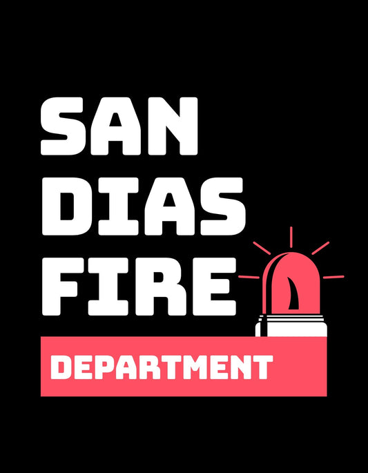 Egy jellegzetesen stilizált tűzoltósági jelképpel ellátott grafika, ahol egy piros riasztólámpa kerül bemutatásra, és a "San Dias Fire Department" szöveg hangsúlyos betűkkel tűnik ki. 