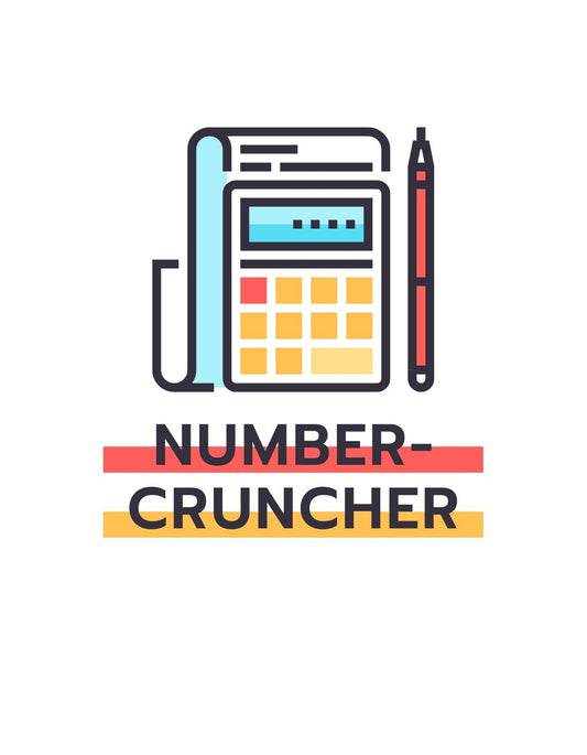 Egy stílusos számológép és toll ikon, felette egy "NUMBER-CRUNCHER" felirattal, ami az adatok és számok szerelmeseinek ideális választása. 