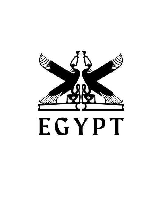 Egyiptomi szimbólumok árasztanak el egy letisztult és erőteljes dizájnt, ahol két sas szárnyai kifeszülnek egy hieroglifákkal díszített alap felett és az "EGYPT" felirat olvasható alul. 