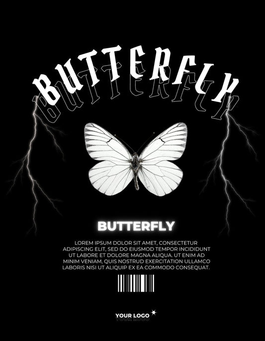 Fekete háttér előtt egy fehér pillangót ábrázoló kép, melyet villámlások szegélyeznek. A pillangó felett a "BUTTERFLY" szó 3D hatású betűivel.