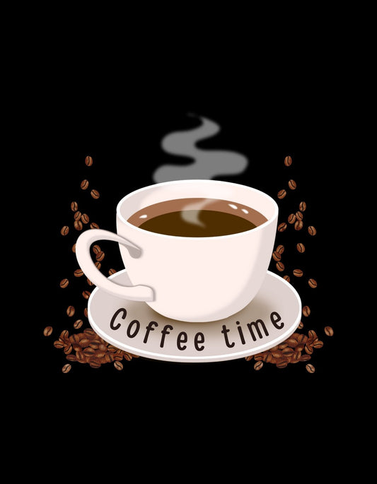 Egy csésze forró kávé látványa, körülötte szétszórt kávébabokkal és a fehér csésze alján a "Coffee time" felirattal. Gőz emelkedik fel a frissen főtt italból, amely a reggeli ébredést jelképezi. 