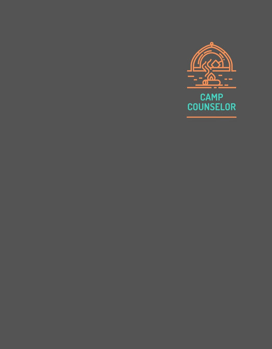 Egy tábori tűz és sátor körvonalait ábrázoló grafika, neon színekkel és a "CAMP COUNSELOR" felirattal a középen, mely egy vidám és kalandos hangulatot áraszt. 