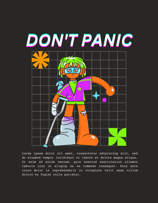 Egy színpompás, sci-fi hangulatú dizájnnal ellátott kép, ami egy rajzolt űrlényt ábrázol népszerű galaxis utazó stílusban, az "Don't Panic" felirattal. 