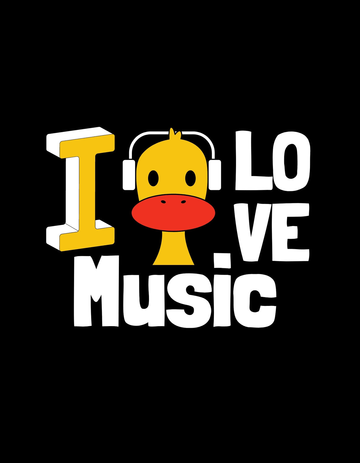 Egy aranyos sárga kiskacsa képe, fejhallgatóval a fülein, a "LOVE" szóval kiegészített "I LOVE MUSIC" felirattal. 