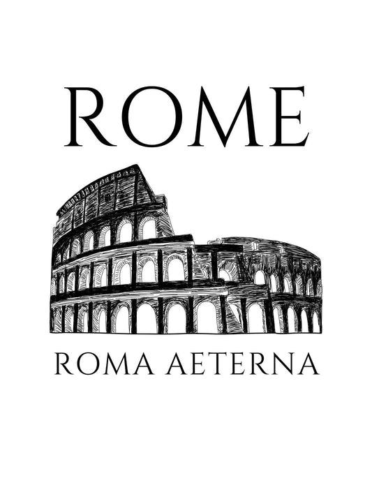 Az örök város, Róma jellegzetes építményét, a Colosseumot ábrázoló grafika, felette a "ROME" felirattal és alatta a "ROMA AETERNA" szöveggel. A klasszikus és időtlen tervezés kifejező erővel bír, amely minden korban releváns marad. 