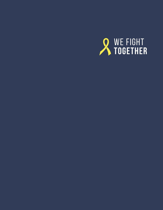 Egy sárga szalagot és a "WE FIGHT TOGETHER" feliratot ábrázoló dizájn, ami szolidaritást és erőt sugároz. A kék háttér elegáns, mégis visszafogott kontrasztot ad. 