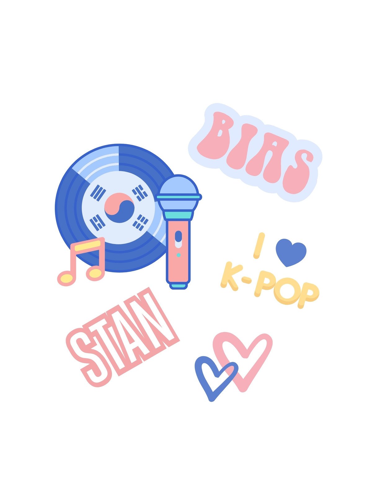 Lendületes és színes grafika, amely a K-pop szerelmét fejezi ki, kifejezései és elemek, mint például egy mikrofon, lemez és a "BIAS" szó vannak ábrázolva. 