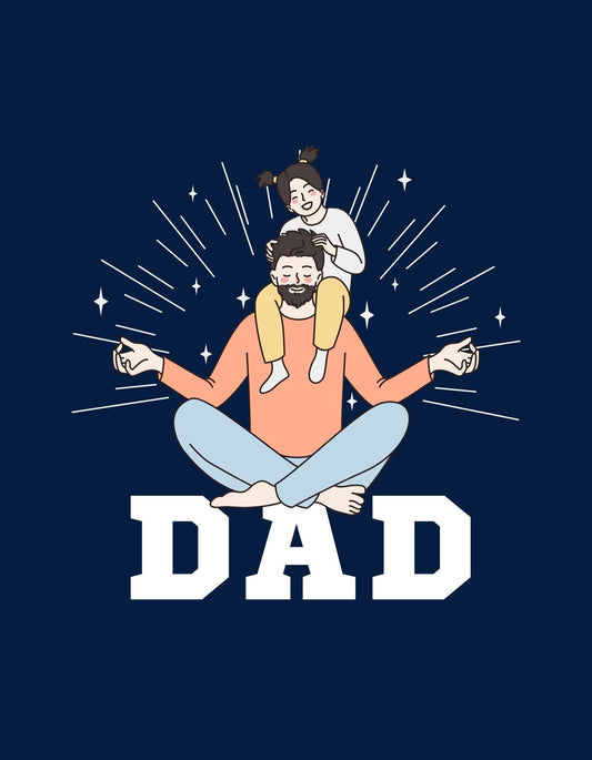 Egy mosolygó apa és boldog gyermek ábrázolása, szívhez szóló csillagokkal díszített sötétkék háttéren, és a "DAD" szó nagy betűkkel az alján.