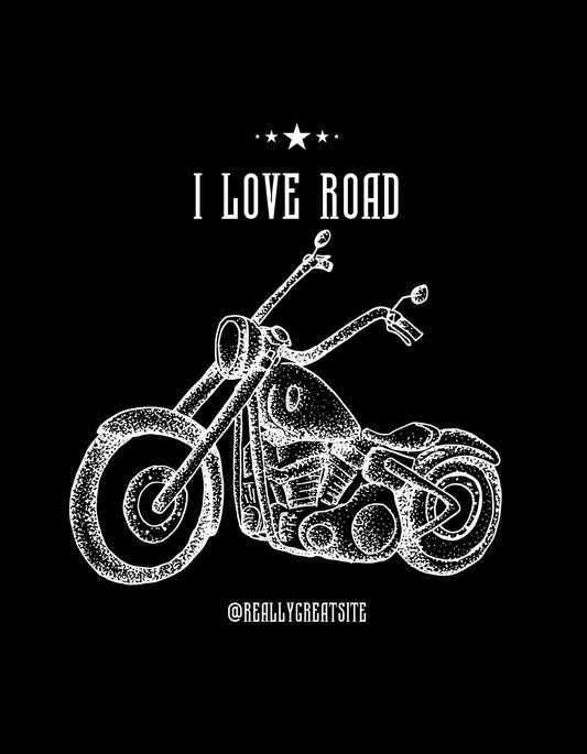 Egy stílusos motor rajzolattal ellátott tervezet, fekete alapon, "I LOVE ROAD" felirattal, ami a szabadság és a motoros életérzést sugározza. 