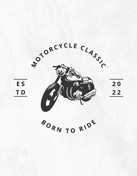 Egy klasszikus motorkerékpár ábrázolása látható, mellette a "MOTORCYCLE CLASSIC" és "BORN TO RIDE" feliratokkal, ami az örök szabadságérzetet közvetíti. 