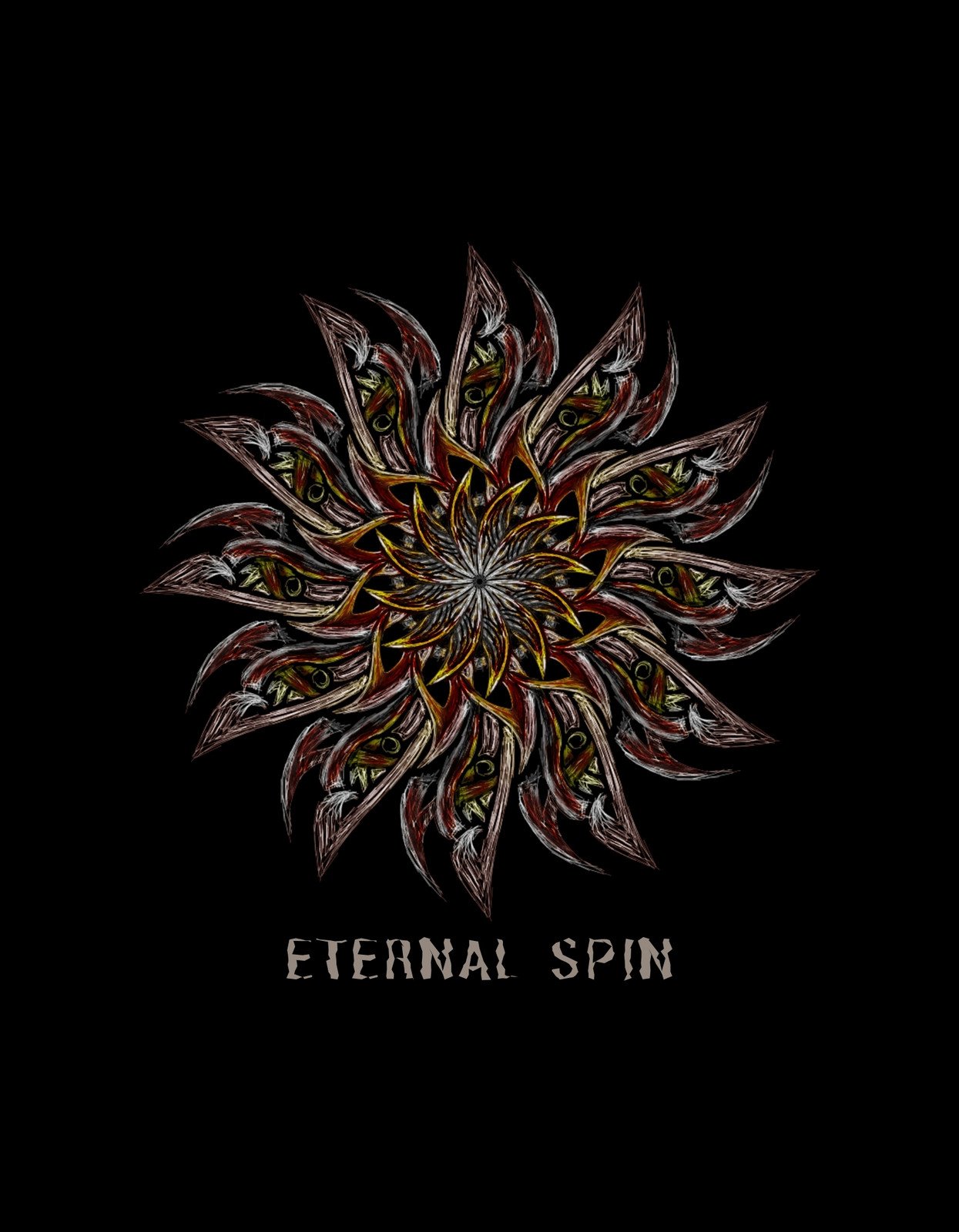 Egy örökkévalóságot sugalló, szimmetrikus dizájn, melyben a szárnyak és szemek egy káprázatos virágmintát alkotnak sötét háttér előtt, "Eternal Spin" felirattal. 