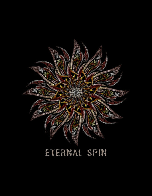 Egy örökkévalóságot sugalló, szimmetrikus dizájn, melyben a szárnyak és szemek egy káprázatos virágmintát alkotnak sötét háttér előtt, "Eternal Spin" felirattal. 