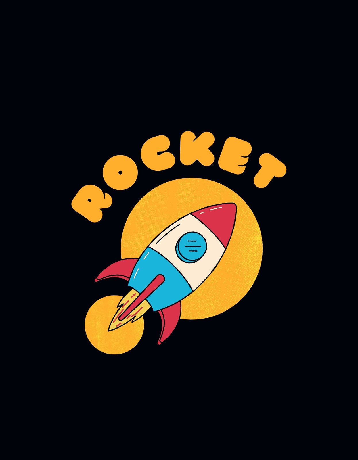 Egy színes, retro stílusú rakéta száguld át a sötét űrön, a "ROCKET" felirat körülöleli. A dizájn játékos és dinamikus, ami az űr szerelmeseinek könnyen kedvence lehet. 