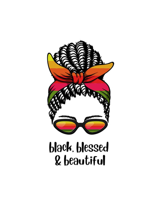 Egy stílusos és kifejező dizájn, ami egy afrikai mintákkal díszített fejkendőt viselő karaktert ábrázol színes napszemüvegben, alatta a "black, blessed & beautiful" szöveggel. 
