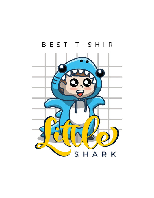 Egy aranyos kisgyermeket ábrázoló rajz, aki egy cápajelmezben van, lelkes és boldog arckifejezéssel. A szöveg "Little Shark" kiemelkedő, játékos betűtípussal hangsúlyozza a dizájnt. 