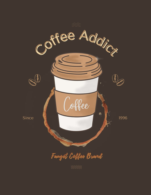 Sötét háttér előtt egy elbűvölő, meleg tónusú grafika tárul elénk, ahol egy papírpohár és kávébabok, valamint a "Coffee Addict" felirat látható. A design régi idők kávézóinak hangulatát idézi, a körülölelő kávéfoltokkal együtt. 